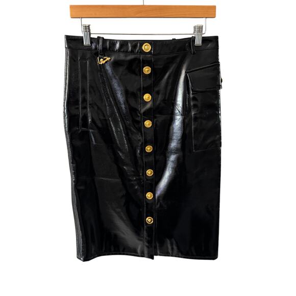 Versace Vinyl Midi Skirt Medusa Head Gold Buttons Black IT 40 US 4 - Picture 3 of 15